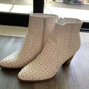 Textured White Block Heel Booties